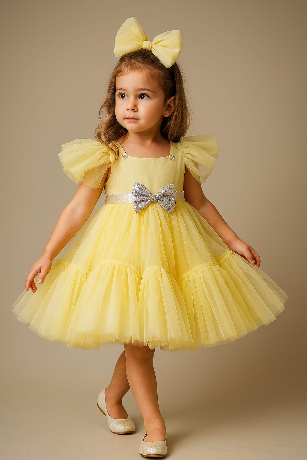 Pre Order: Puff Sleeves And Ruffle Hem Yellow Fancy Dress