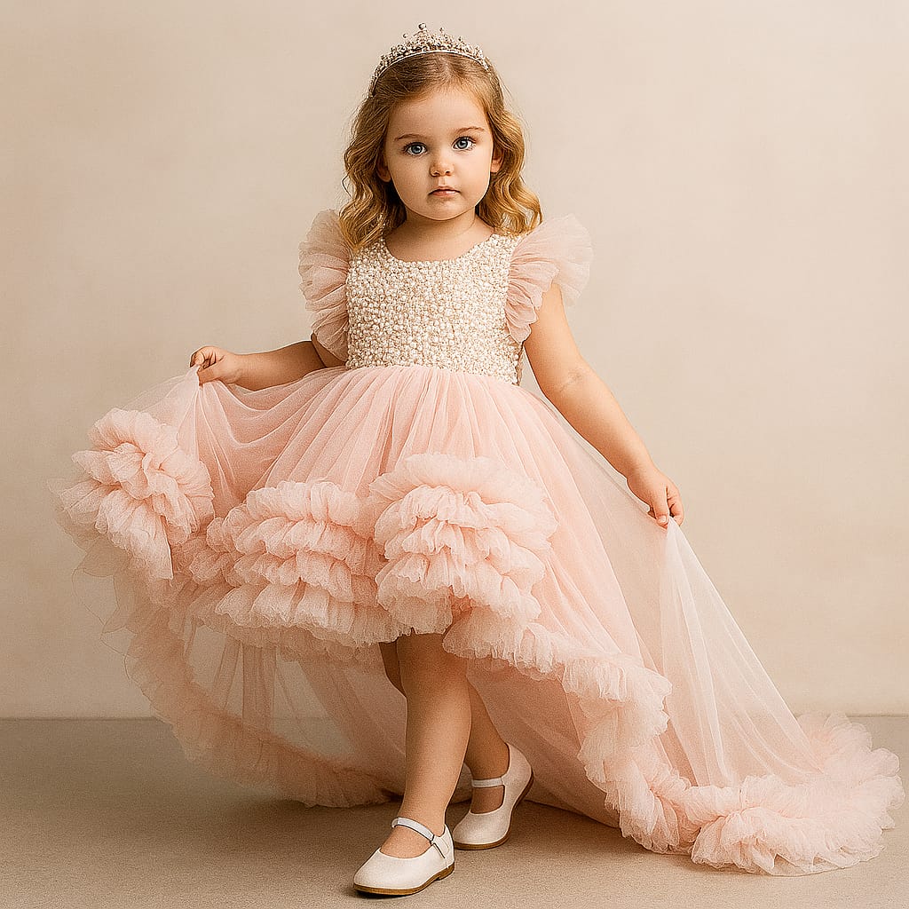 Pre Order: Pink Frilled Flared Dress With Detachable  Trail