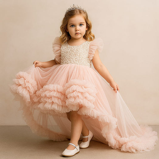 Pre Order: Pink Frilled Flared Dress With Detachable  Trail
