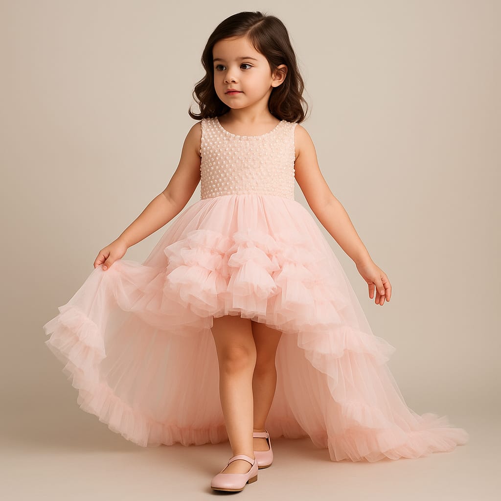 Pre Order: Peach Pearl Up And Down Frill Dress