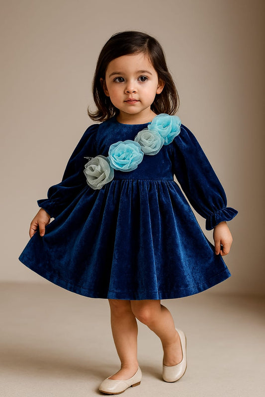 Pre Order: Organza Flowers Adorned Navy Blue Velvet Dress