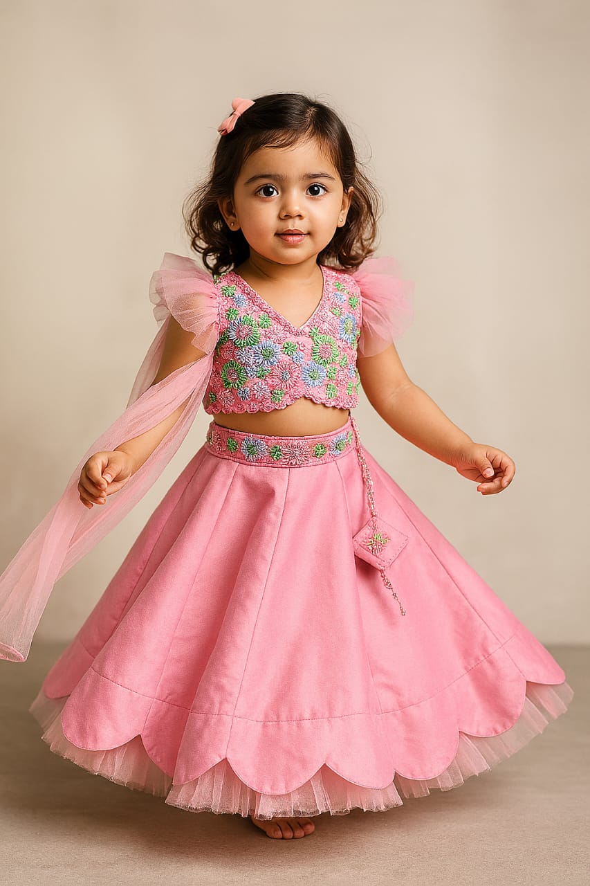 Pre Order: Silk Tie Knot Back Pink Top And Lehenga With Stylish Net Dupatta