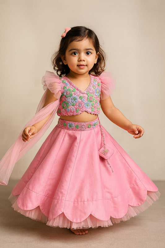 Pre Order: Silk Tie Knot Back Pink Top And Lehenga With Stylish Net Dupatta