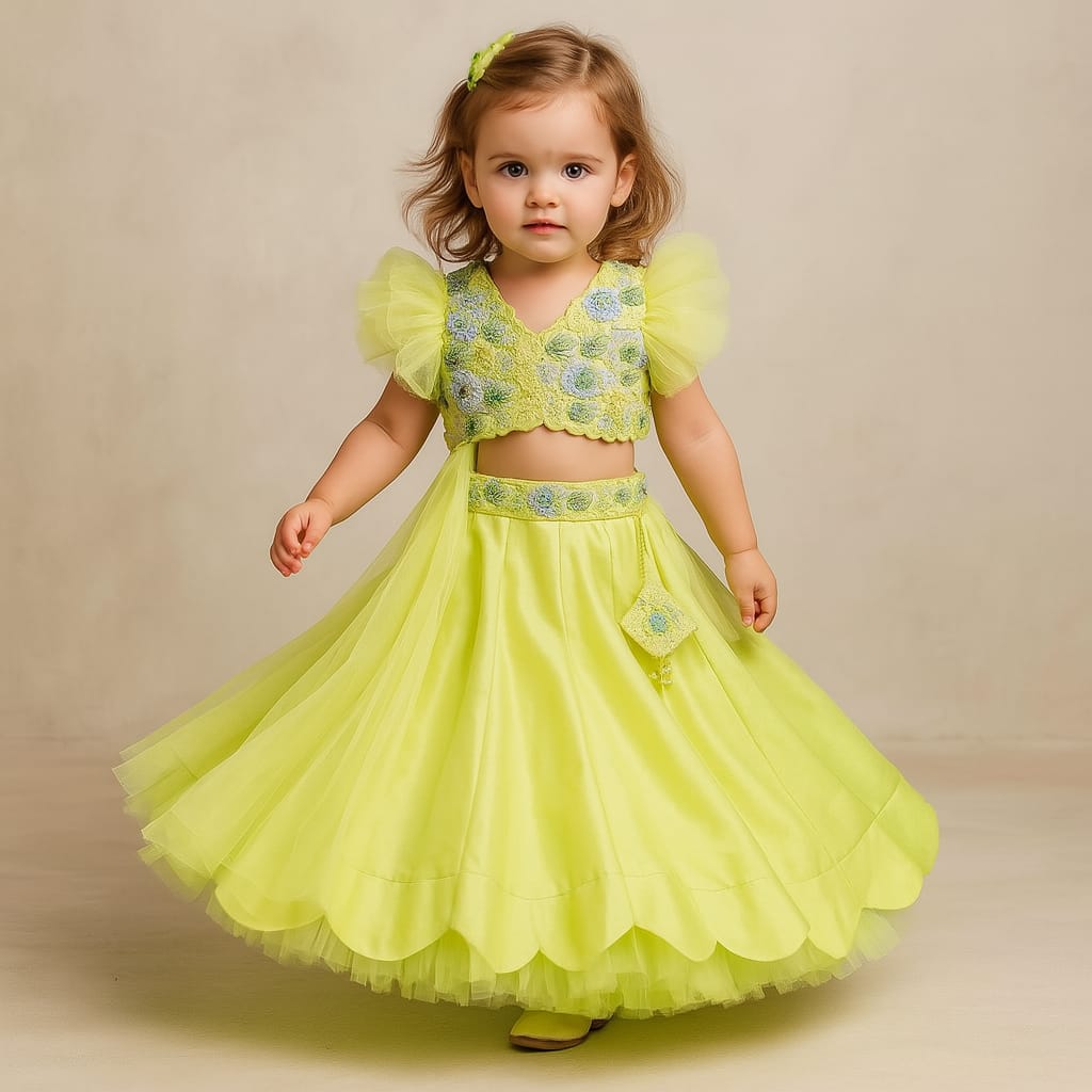 Pre Order: Silk Tie Knot Back Elegant Word Top And Lehenga With Stylish Net Dupatta