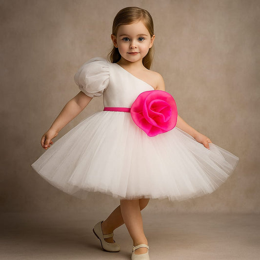 Pre Order: One Shoulder Swirled Flower Enhanced Flared White Dress