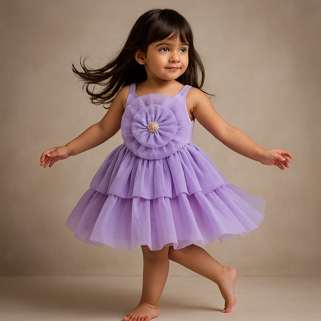 Pre Order: Organza Flower Embellished Yoke Lavender Dress