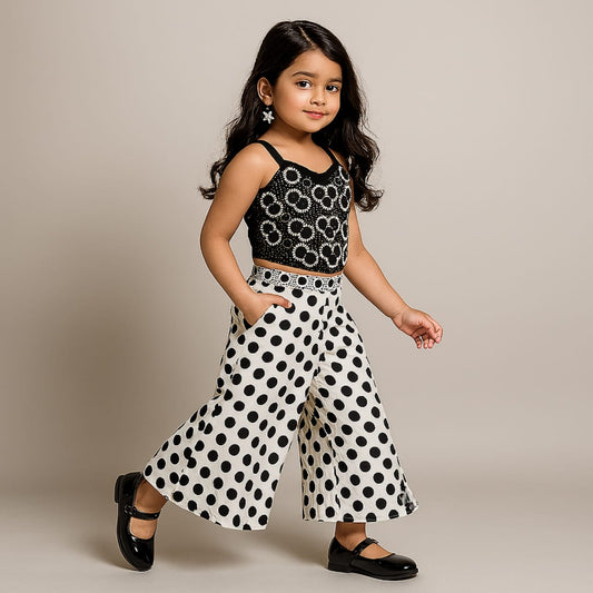 Pre Order: Black Hand Embroidered Top With Polka Dot Palazzo