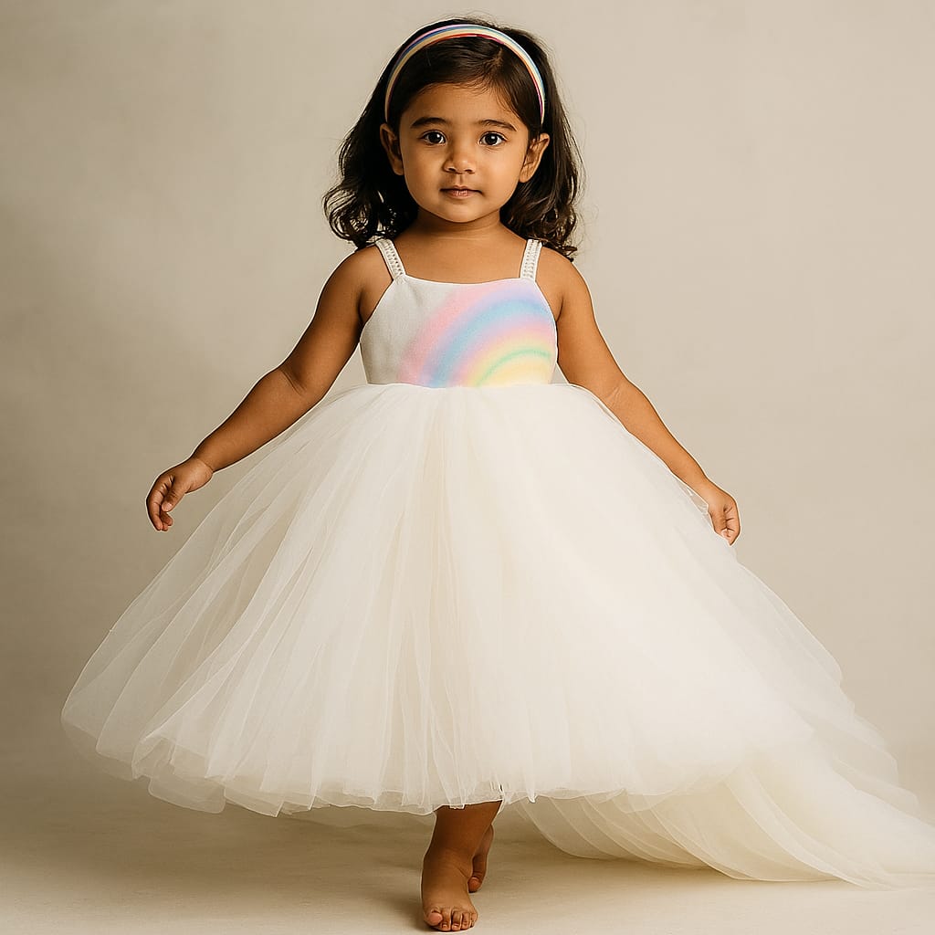 Pre Order: Rainbow and Pearl Detailed White Party Dress