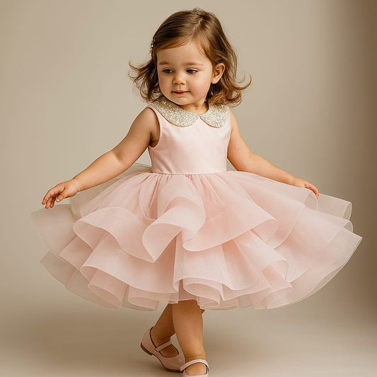 Pre Order: Elegant Pearls Embellished Onion Pink Ruffle Dress