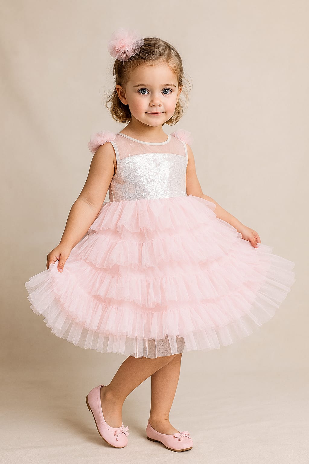 Pre Order: Pink Sequin And Net Ruffle Dress