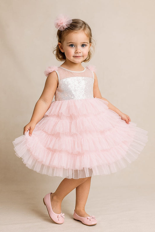 Pre Order: Pink Sequin And Net Ruffle Dress