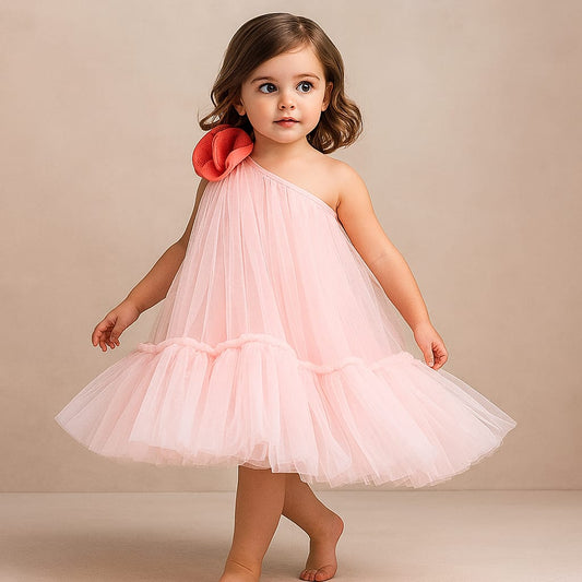 Pre Order: Swirled Flower Enhanced Pink One Shoulder Dress