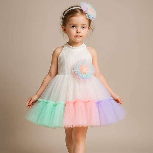 Pre Order: Ruffled Net Flower Embellished Halter Neck Dress With Matching Hair Band