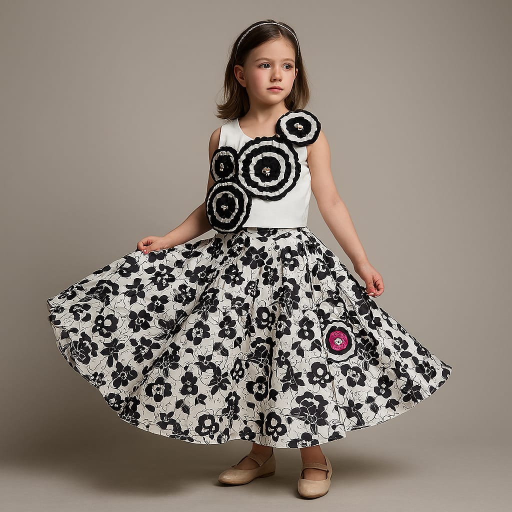 Pre Order: Flowers Embellished Top With Printed Lehenga