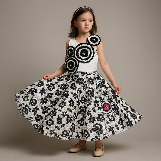 Pre Order: Flowers Embellished Top With Printed Lehenga