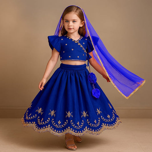 Pre Order: Embroidered Front Overlap Top With Lehenga And Dupatta