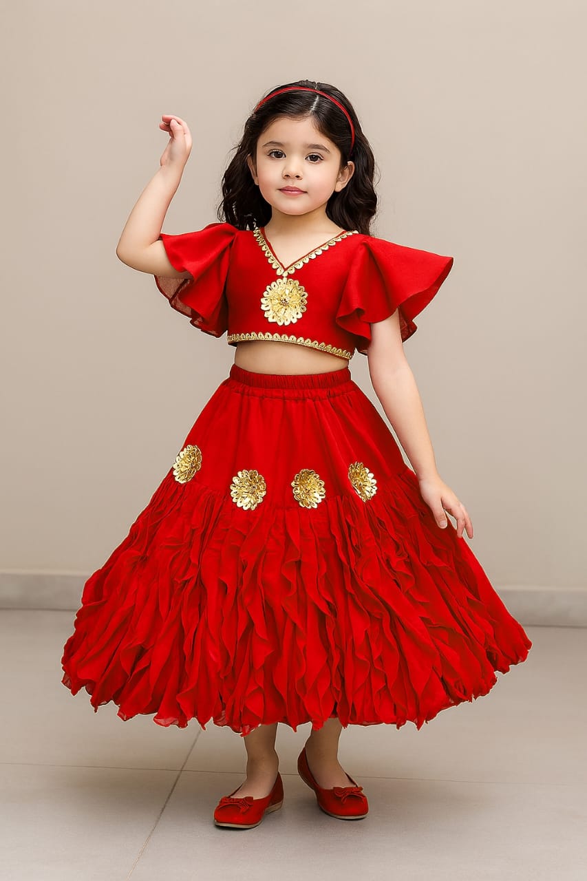 Pre Order: Frilly Sleeves V Neck Red Layered Drape Top And Stylish Lehenga