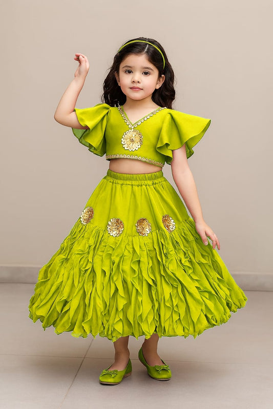 Pre Order: Frilly Sleeves V Neck Green Layered Drape Top And Stylish Lehenga