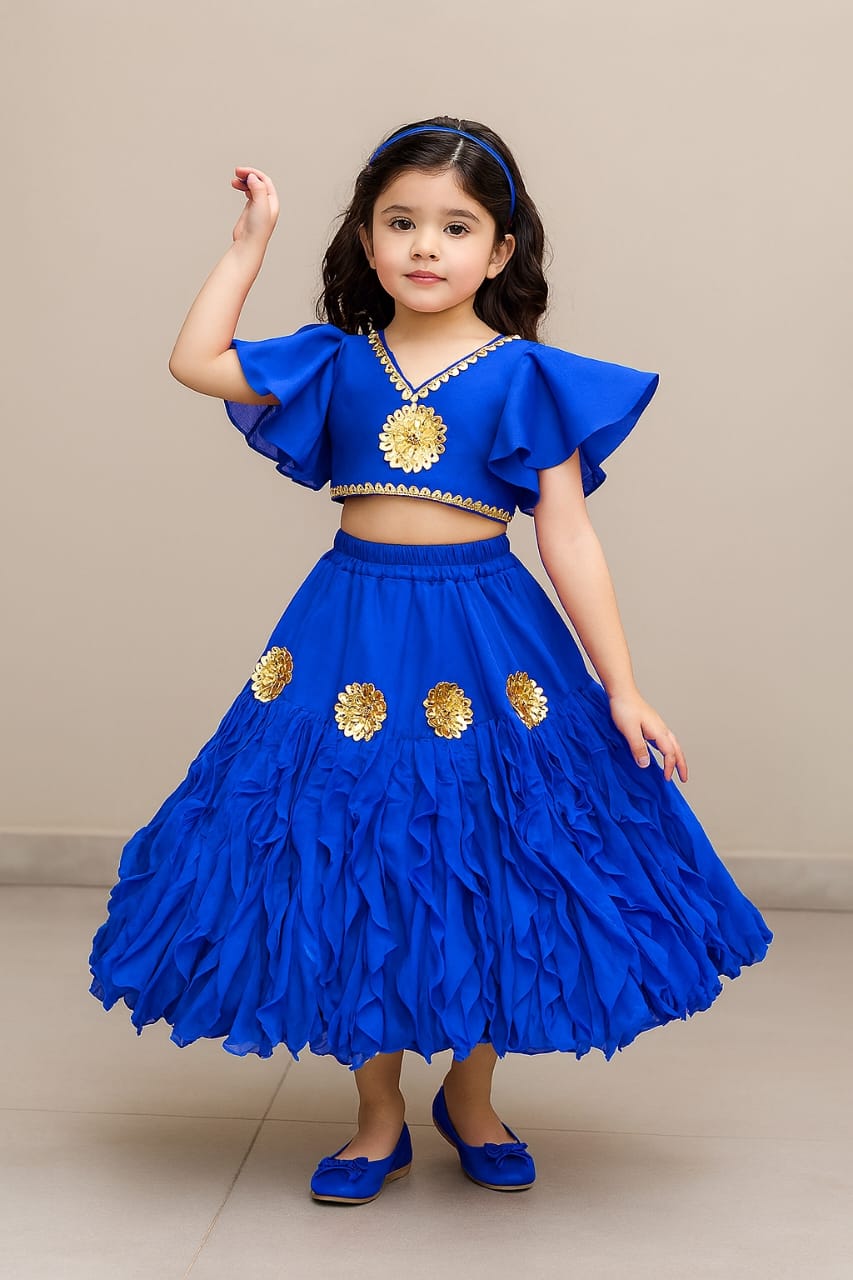Pre Order: Frilly Sleeves V Neck Blue Layered Drape Top And Stylish Lehenga