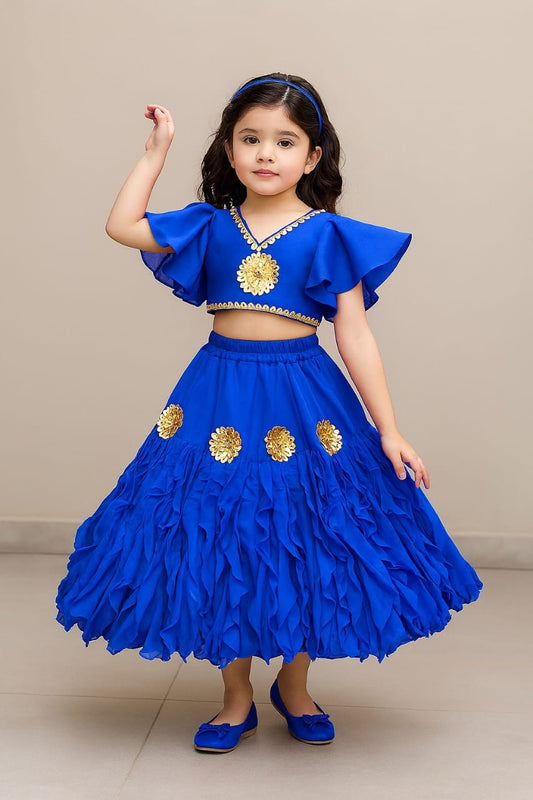 Pre Order: Frilly Sleeves V Neck Blue Layered Drape Top And Stylish Lehenga