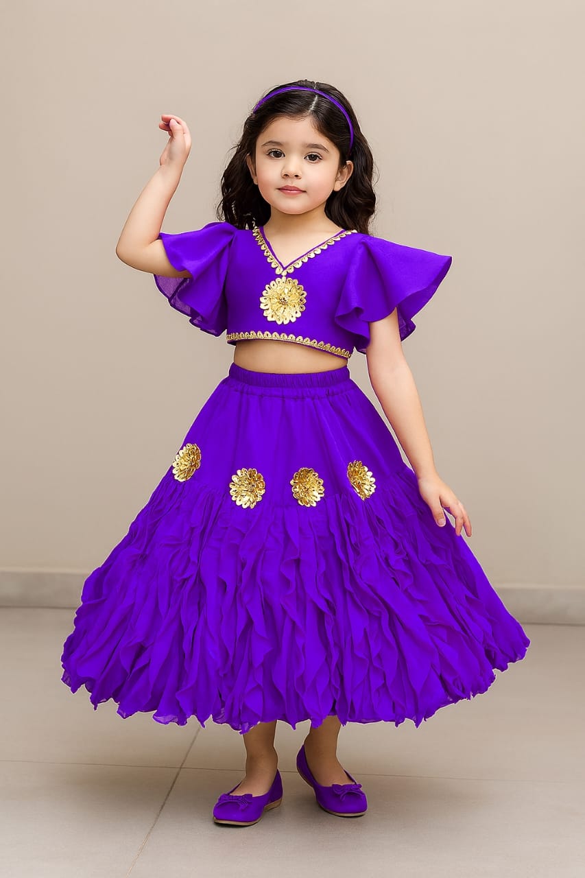 Pre Order: Frilly Sleeves V Neck Purple Layered Drape Top And Stylish Lehenga