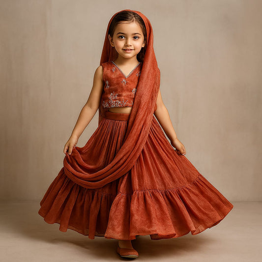 Pre Order: Hand Embroidered Top And Pleated Lehenga With Attached Dupatta