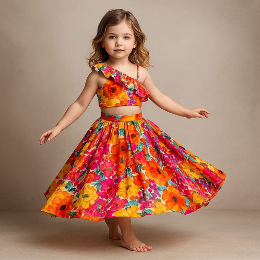 Pre Order: Multicolour Printed One Shoulder Top And Flared Lehenga