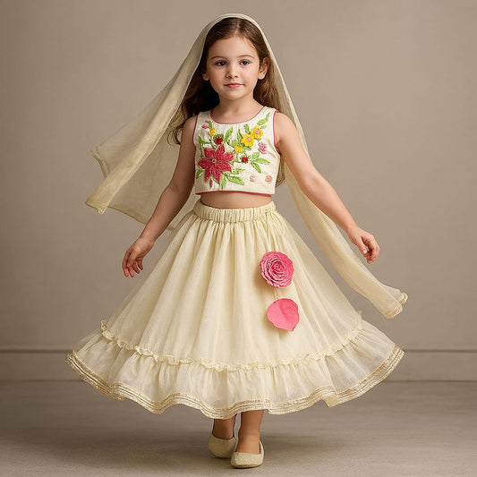 Pre Order: Floral Embroidered Top And Flared Lehenga