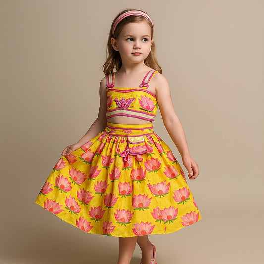 Pre Order: Floral Printed Strappy Crop Top With Lehenga