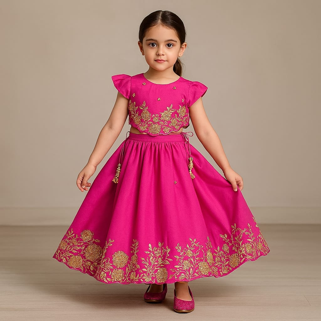 Pre Order: Pink Embroidered And Embellished Top With Lehenga