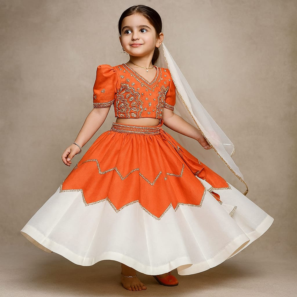 Pre Order: Embroidered Top With Dual Tone Lehenga And Net Dupatta
