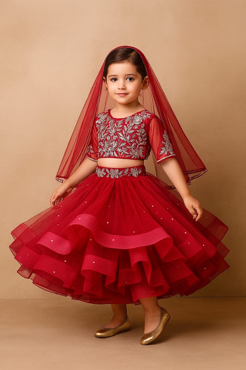 Pre Order: Embroidered Crop Top And Net Layered Lehenga