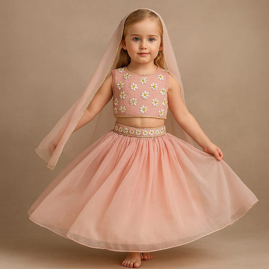 Pre Order: Floral Embroidered Stylish Back Pink Top And Lehenga