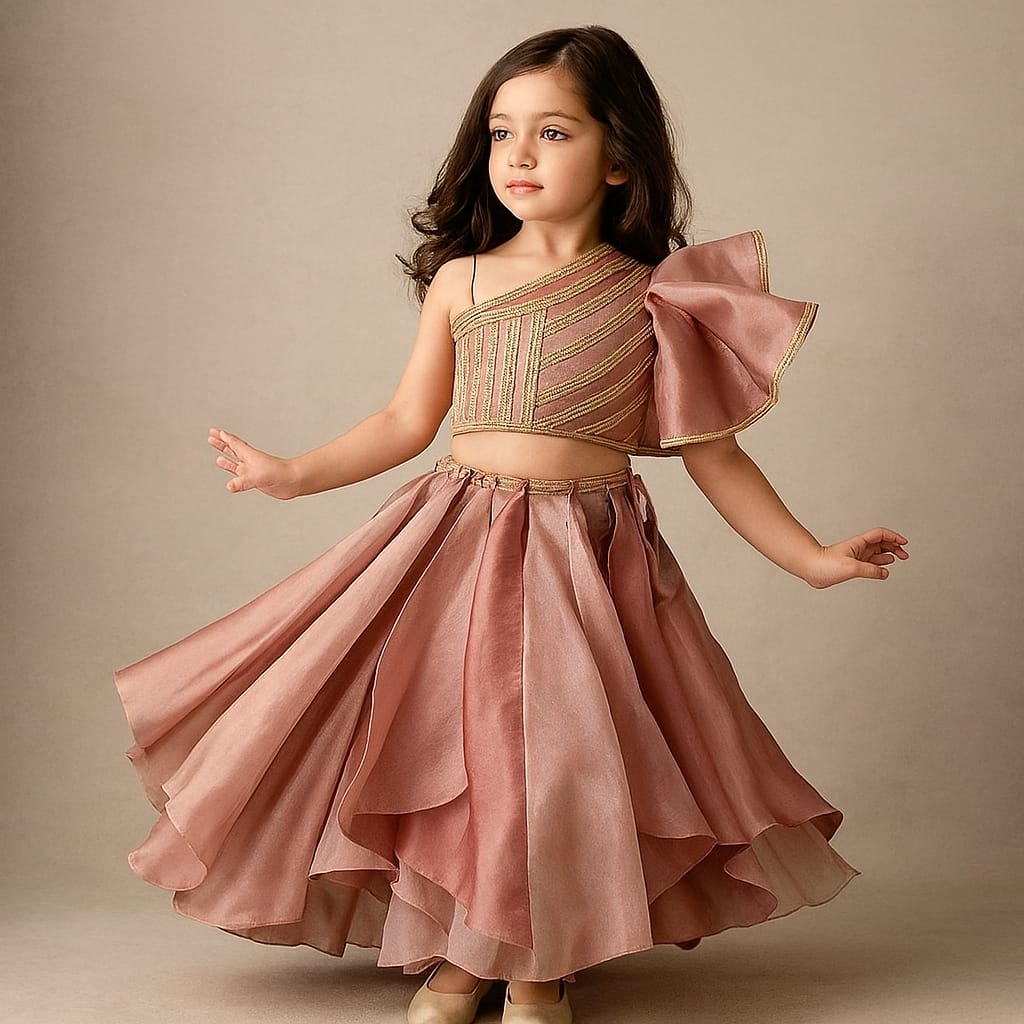 Pre Order: One Shoulder Lace Detailed Top And Flared Lehenga
