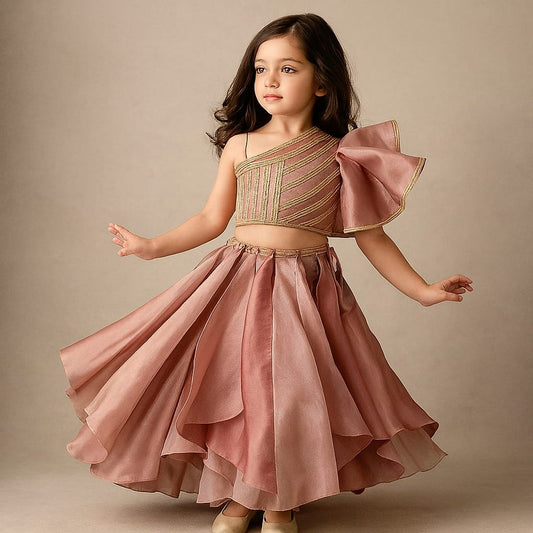 Pre Order: One Shoulder Lace Detailed Top And Flared Lehenga
