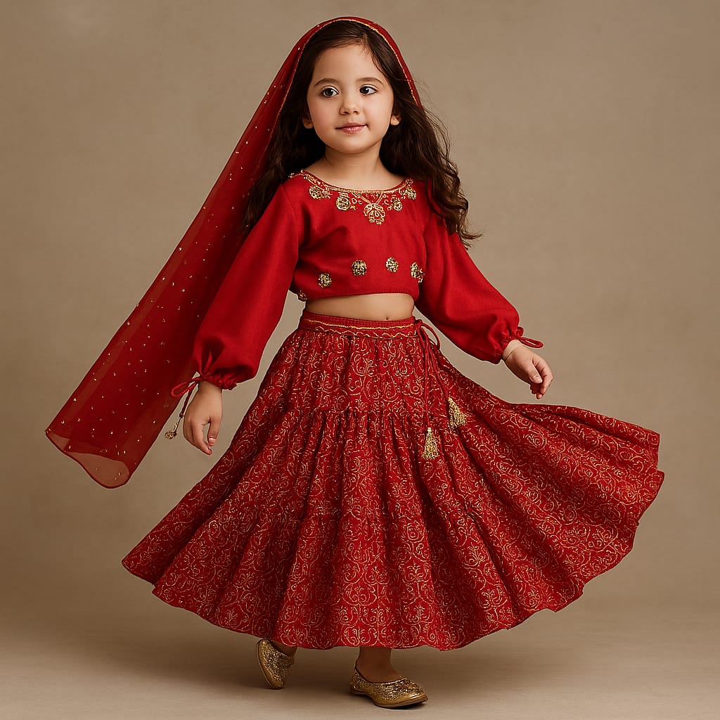 Pre Order: Stylish Red Top And Printed Lehenga