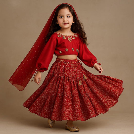 Pre Order: Stylish Red Top And Printed Lehenga