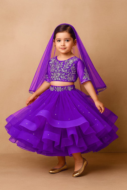 Pre Order: Purple Embroidered Crop Top And Net Layered Lehenga