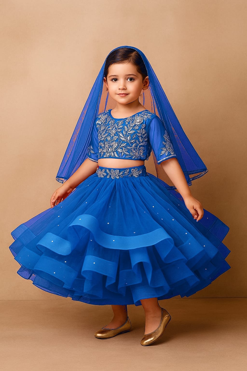 Pre Order: Blue Embroidered Crop Top And Net Layered Lehenga