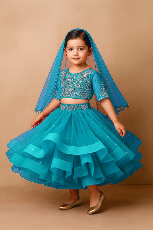 Pre Order: Sky Blue Embroidered Crop Top And Net Layered Lehenga