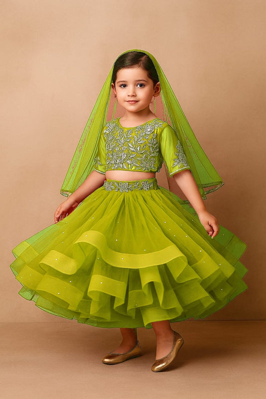Pre Order: Green Embroidered Crop Top And Net Layered Lehenga
