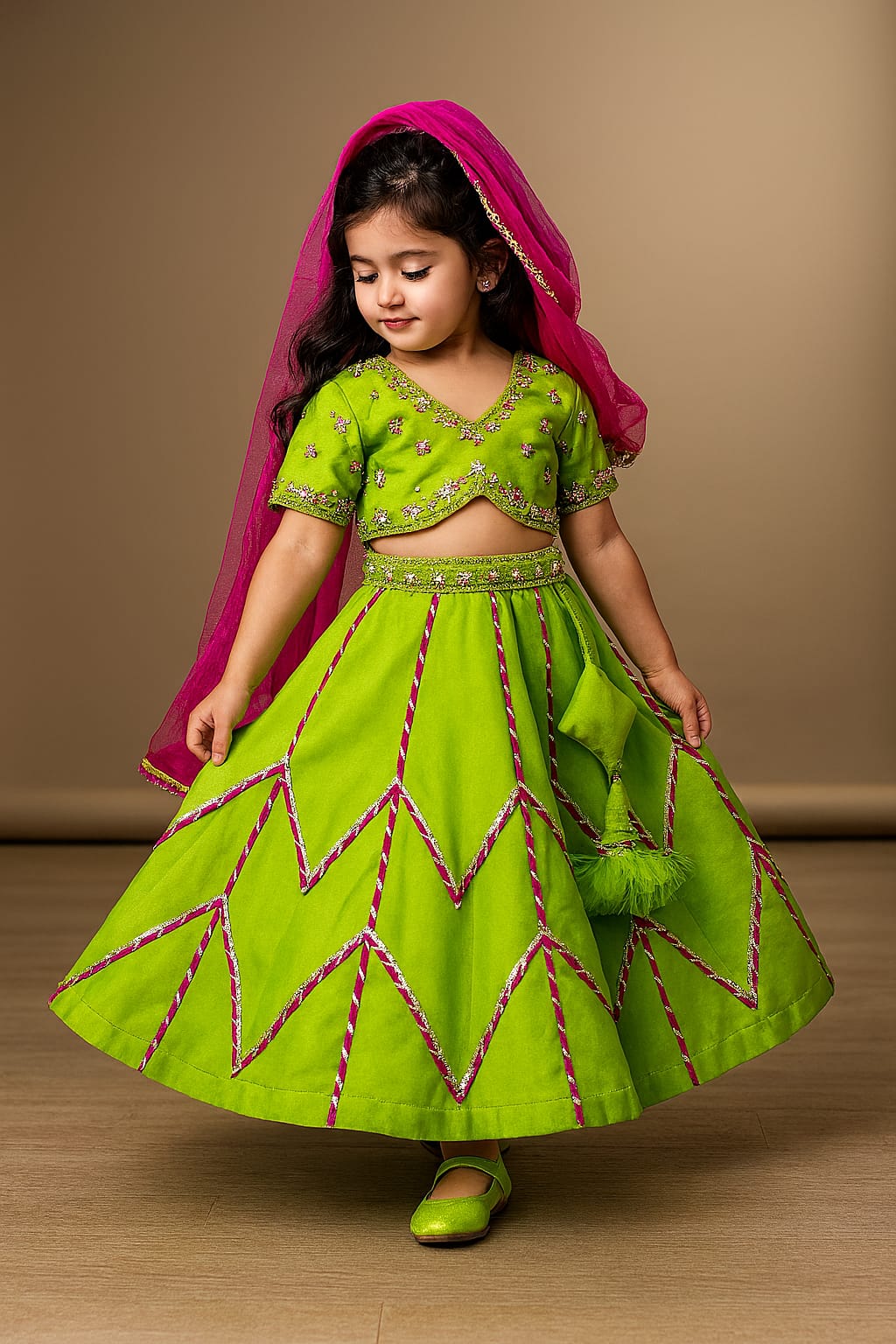 Pre Order: Embroidered Crop Top With Lehenga And Net Dupatta