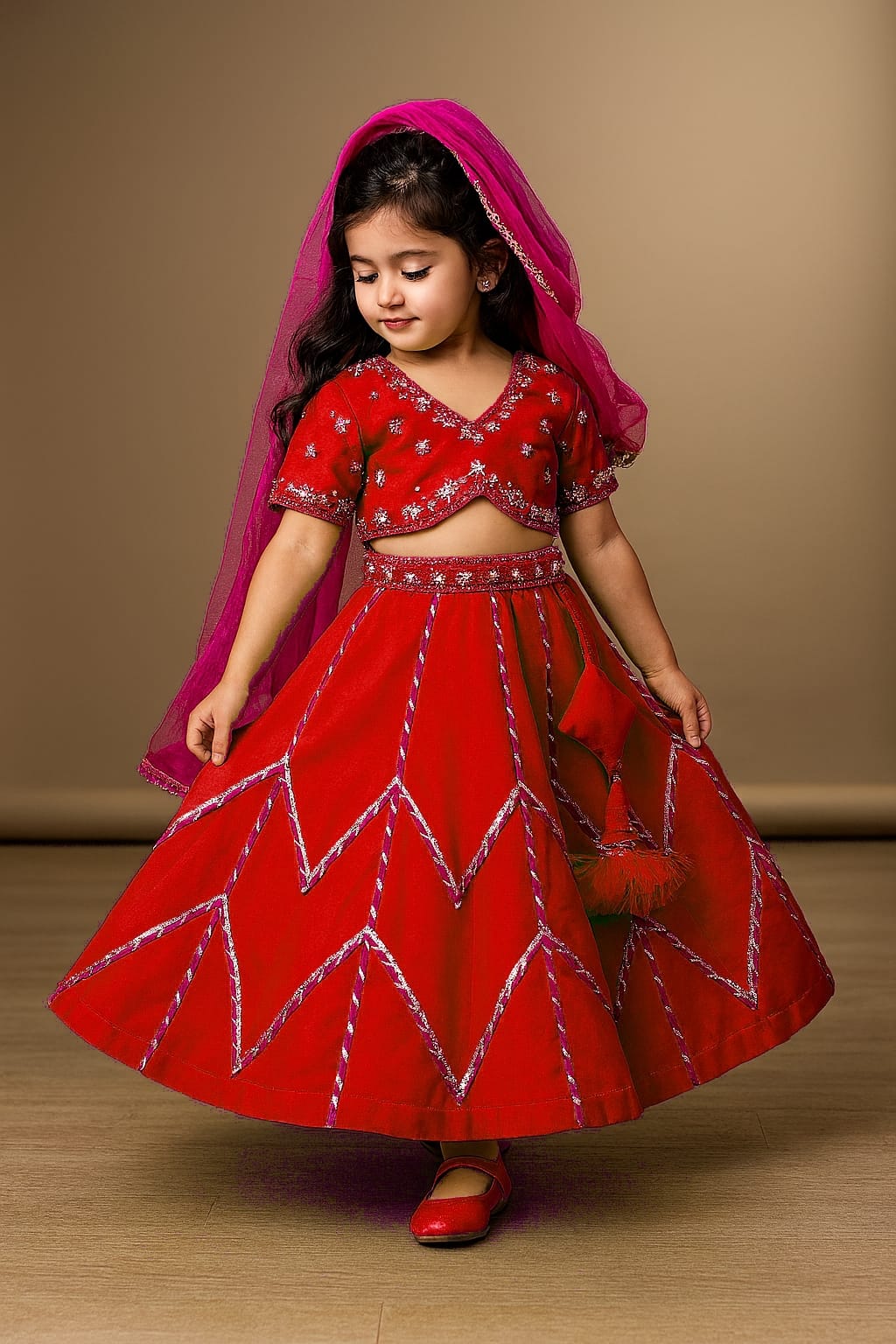 Pre Order: Red Embroidered Crop Top With Lehenga And Net Dupatta