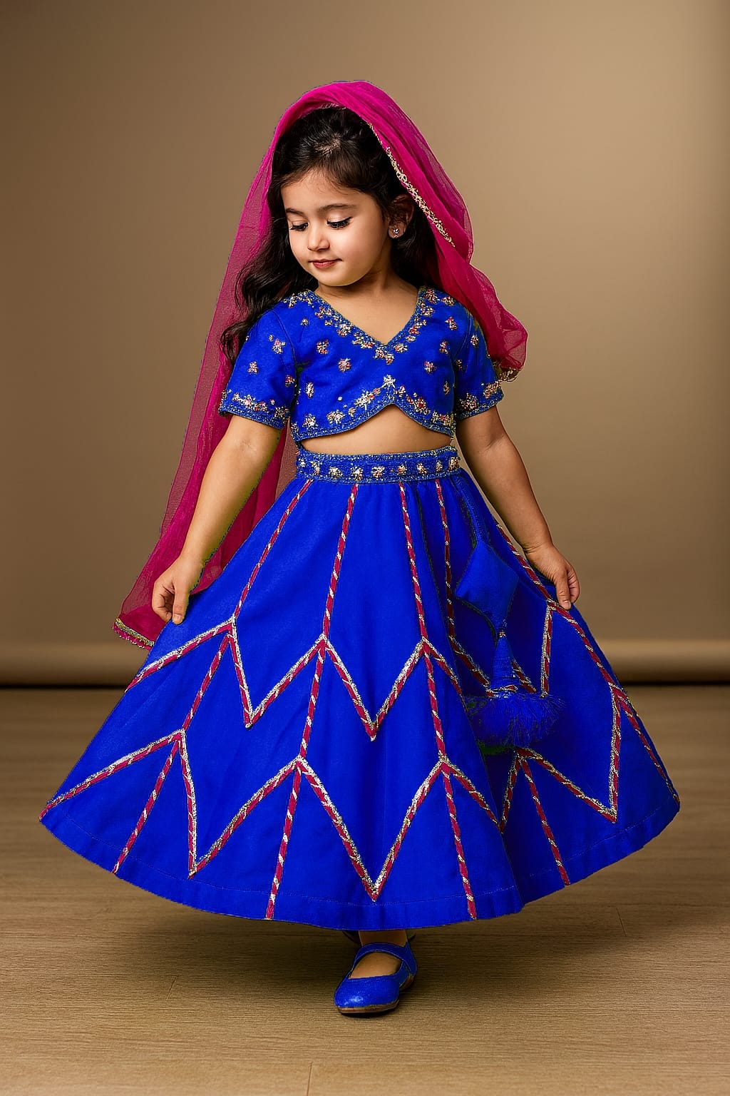 Pre Order: Blue Embroidered Crop Top With Lehenga And Net Dupatta