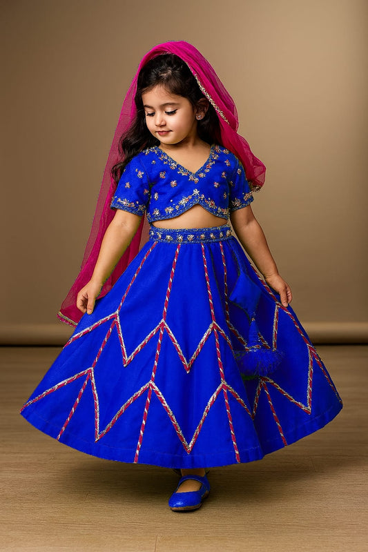 Pre Order: Blue Embroidered Crop Top With Lehenga And Net Dupatta