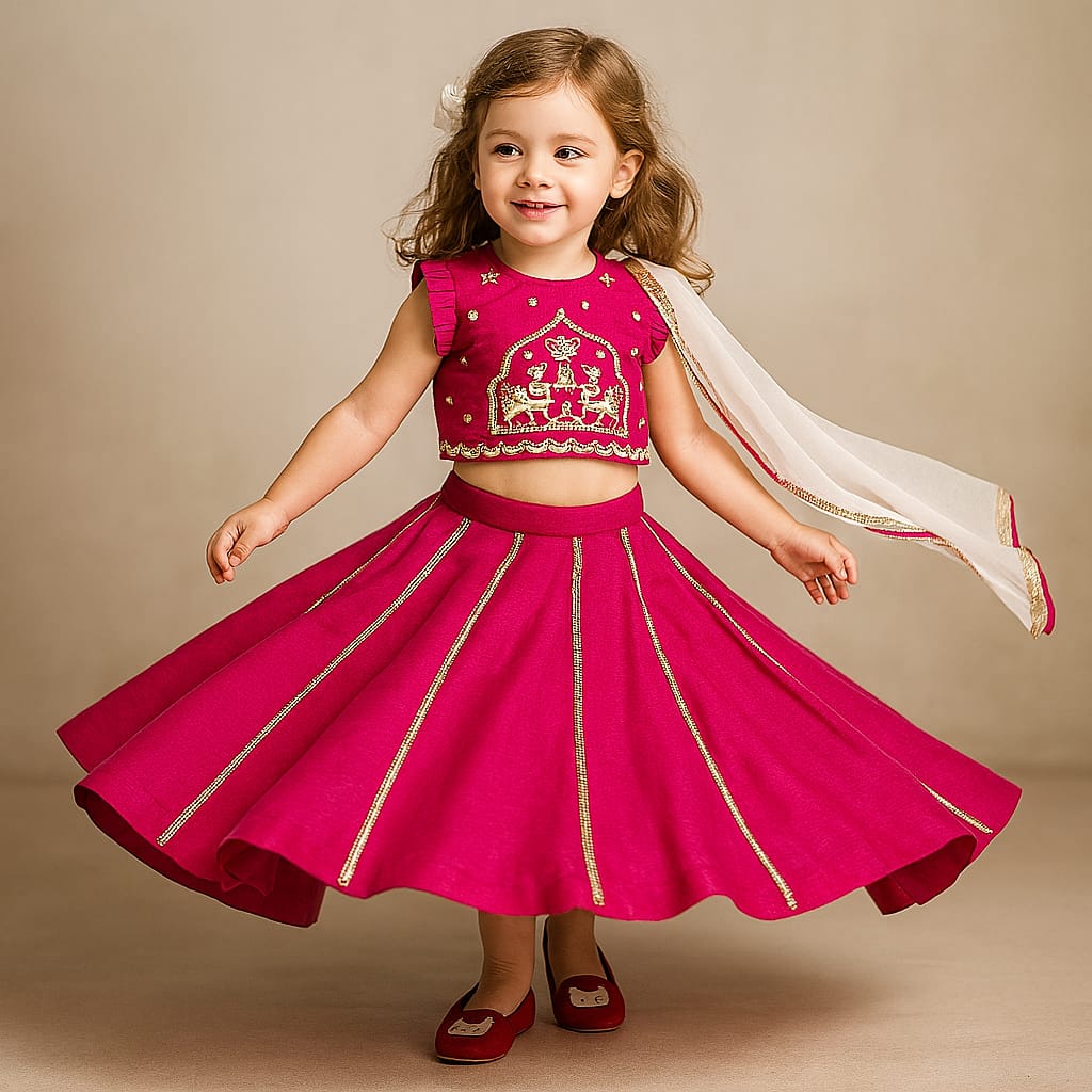 Pre Order: Pleated Armhole Hand Embroidered Pink Top And Lehenga With Net Dupatta
