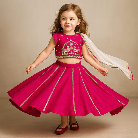 Pre Order: Pleated Armhole Hand Embroidered Pink Top And Lehenga With Net Dupatta