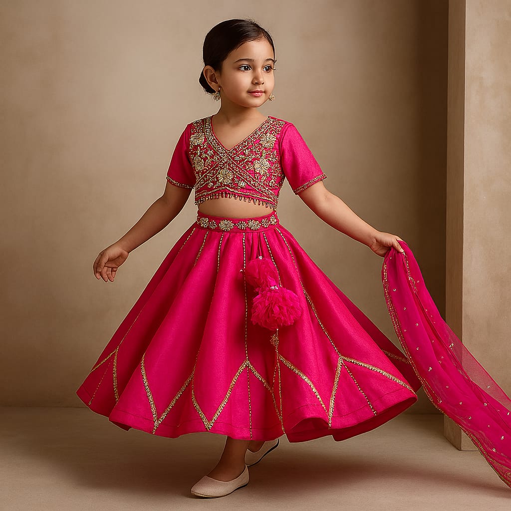 Pre Order: Floral Embroidered Pink Top And Lenega With Matching Net Dupatta