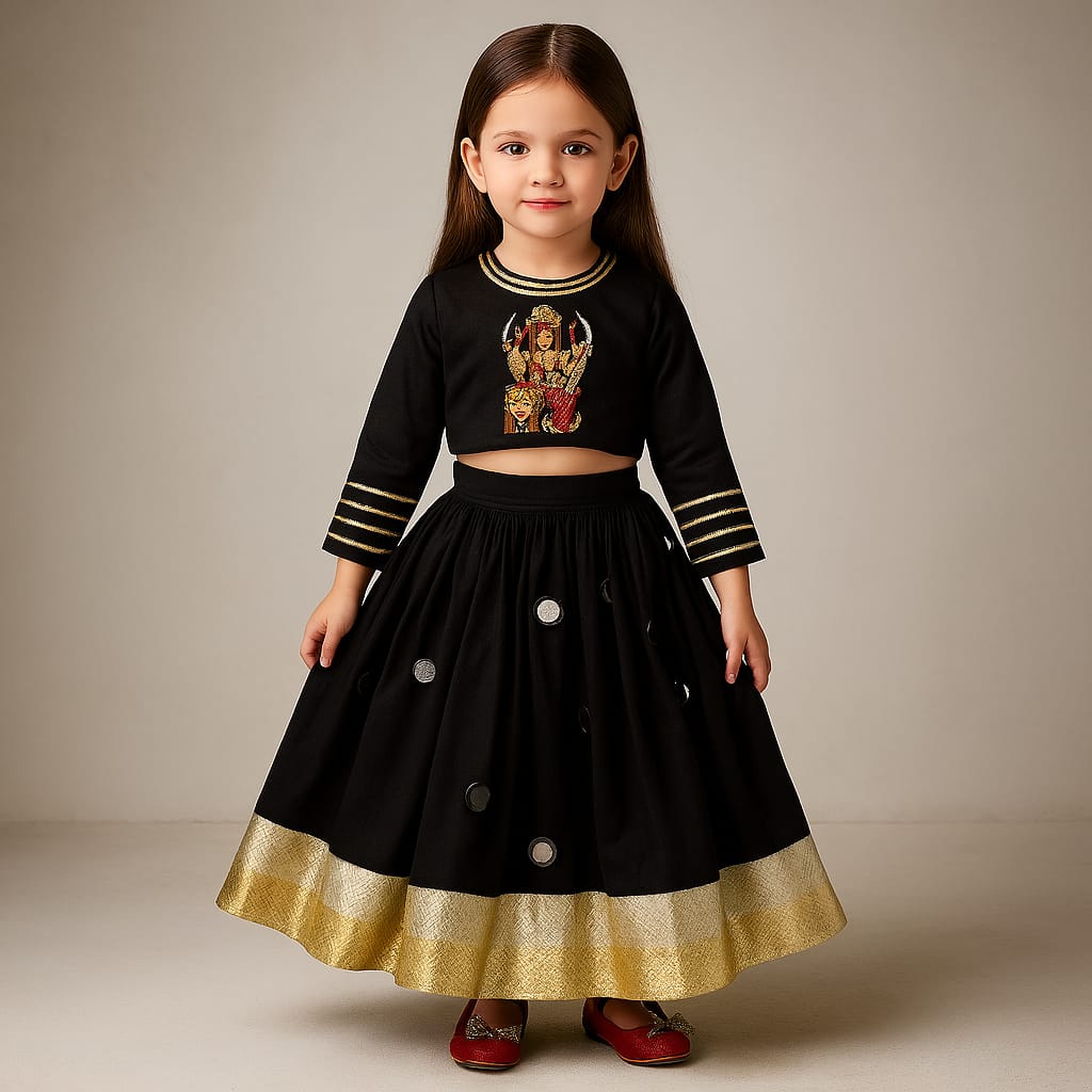 Pre Order: Goddess Hand Embroidered Top And Mirror Work Lehenga With Dupatta