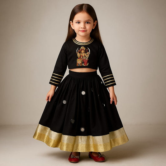 Pre Order: Goddess Hand Embroidered Top And Mirror Work Lehenga With Dupatta